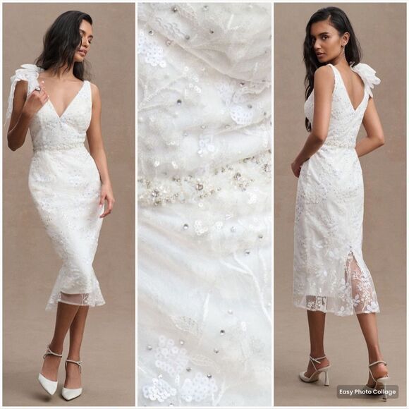 Mac Duggal 79337 Womens White FLORAL EMBELLISHED V-NECK MIDI DRESS SHOULDER BOW - Picture 1 of 16